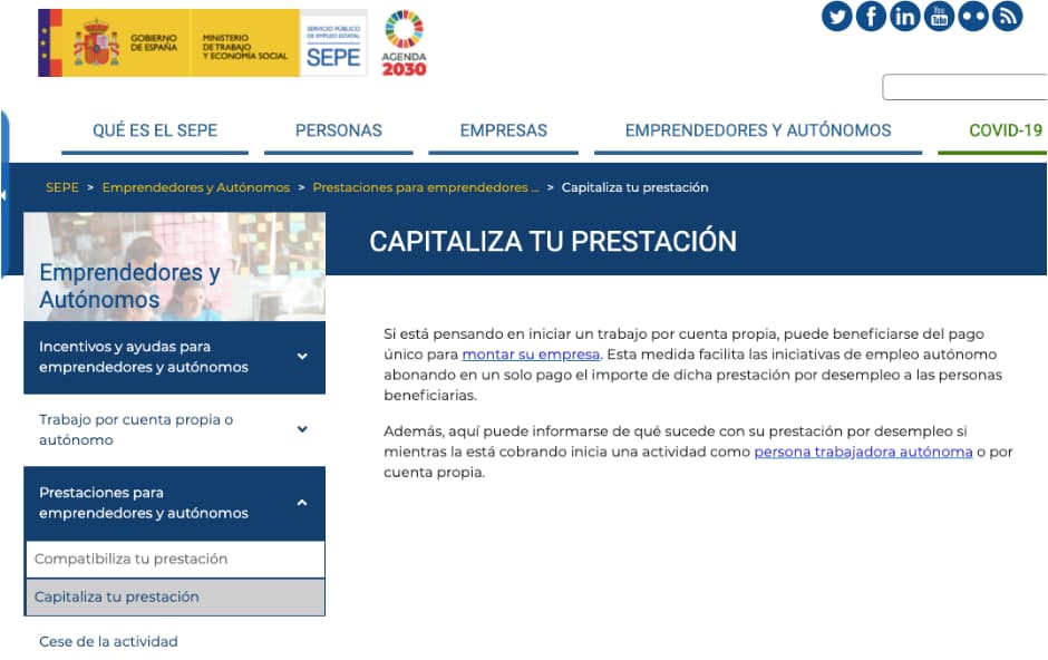 Página del Gobierno de España que da detalle para Emprendedores y Autónomos